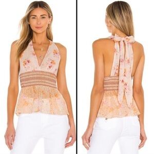 Free People Brinkley Smocked Bow Tie Tank Top Floral Sheer Size L